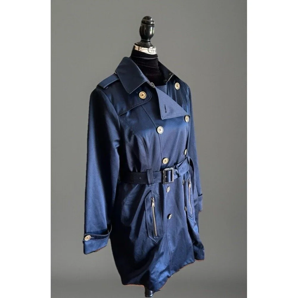 London Fog Heritage Double Breasted Belted Trench Dark Blue Satin Sheen Size L - Picture 3 of 16